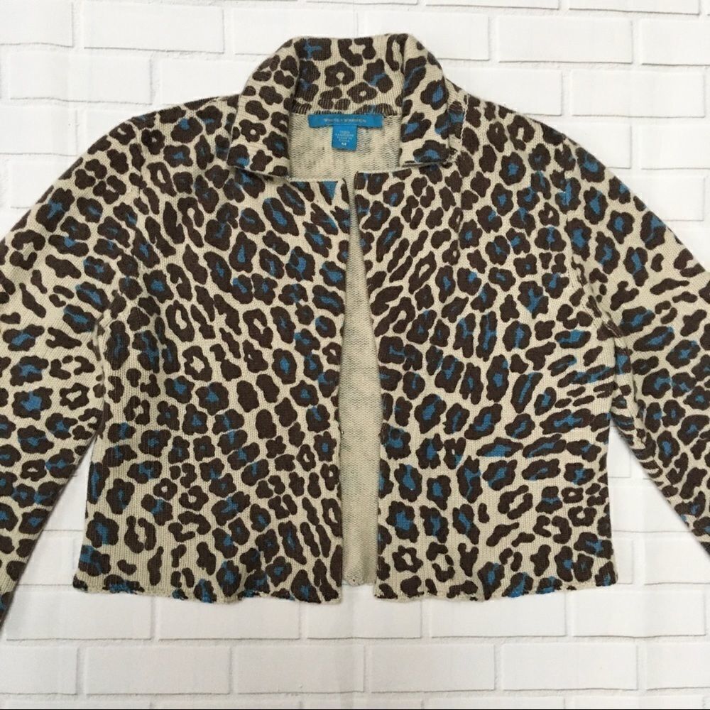 White + Warren Cashmere Leopard Print Cropped Cardigan Sweater | Size M - Picture 5 of 14